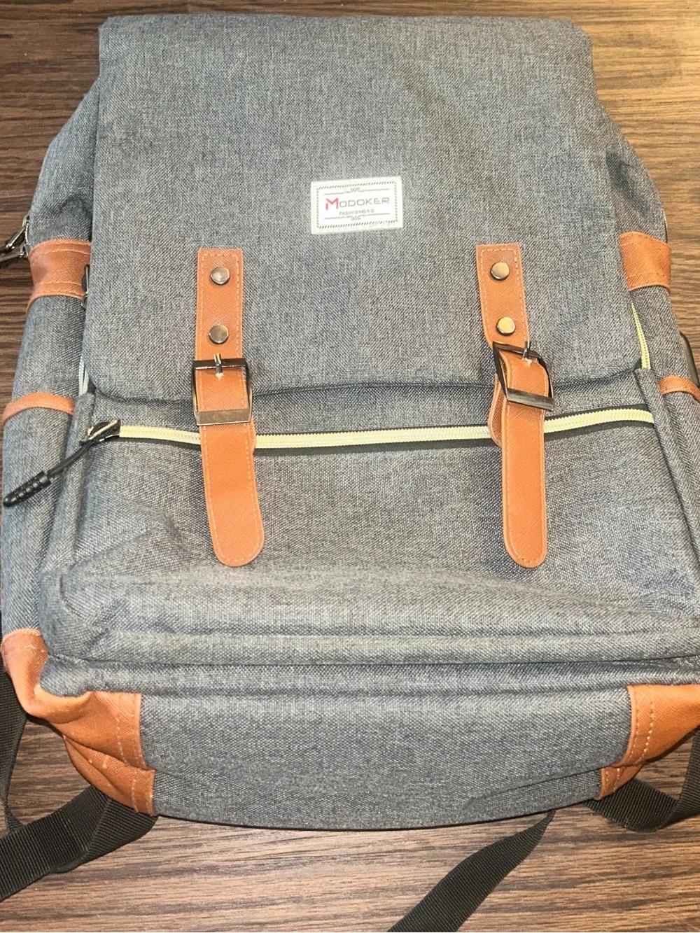 Gray Canvas Backpack with Tan / gold Accents with gold hardware - laptop
